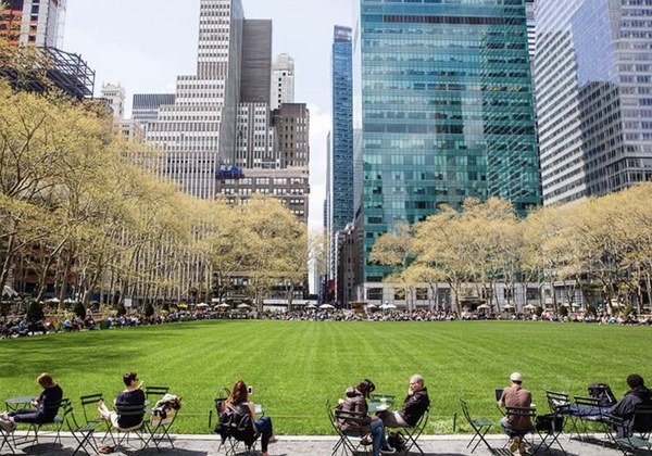 Bryant Park expansive green lawn and trees