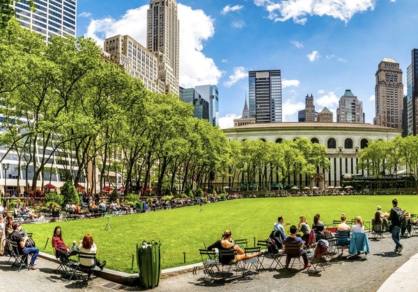 Bryant Park lawn view toward Midtown architecture