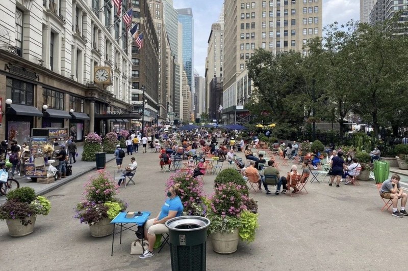 Herald Square pedestrian plaza lively street life